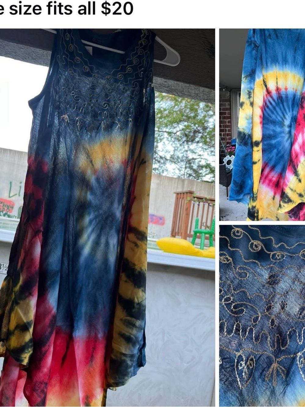 Tie-Dye Sleeveless Midi Dress with Embroidered Yoke - Blue, Yellow, Red